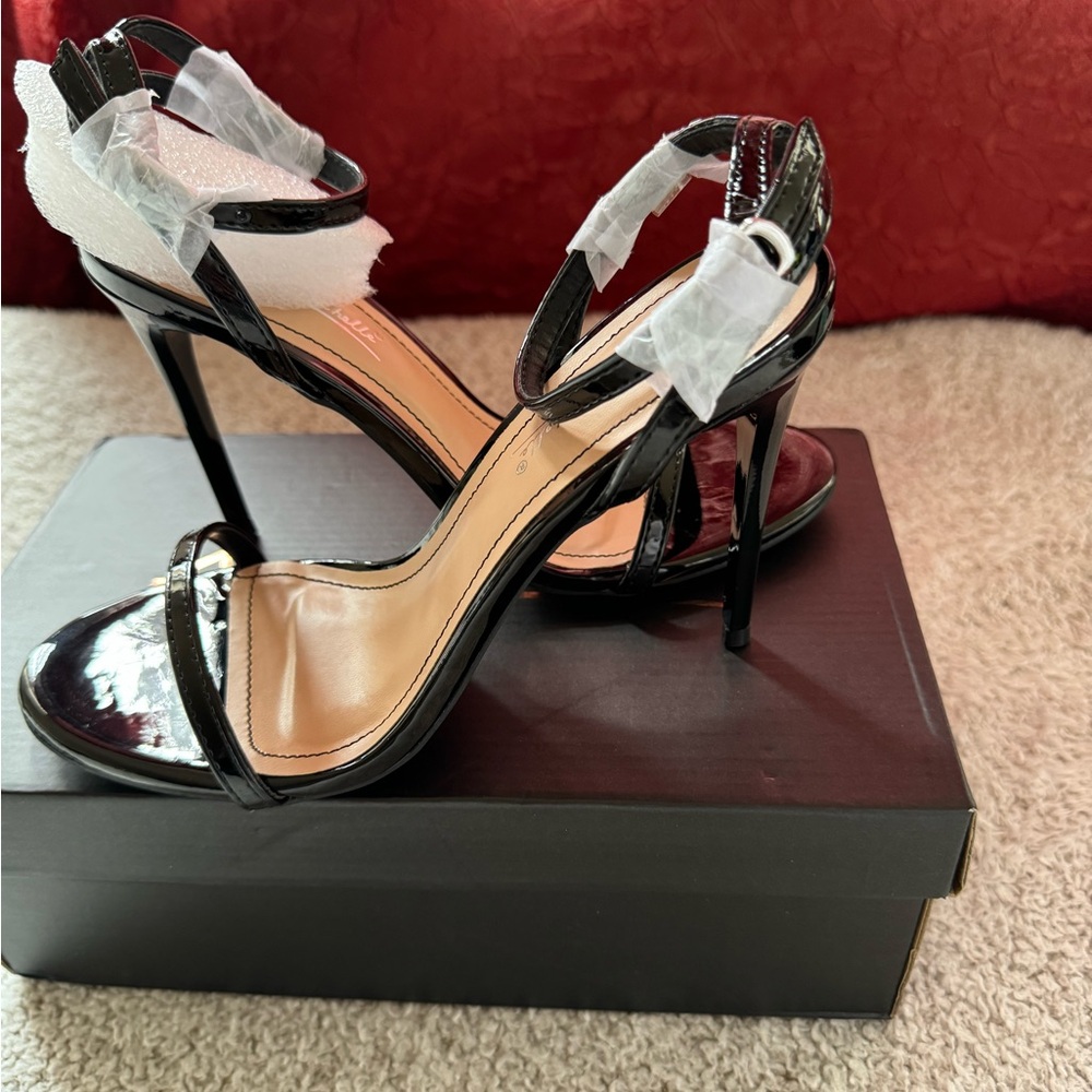 Anne Michelle Black Patent Stiletto Ankle Strap Heels